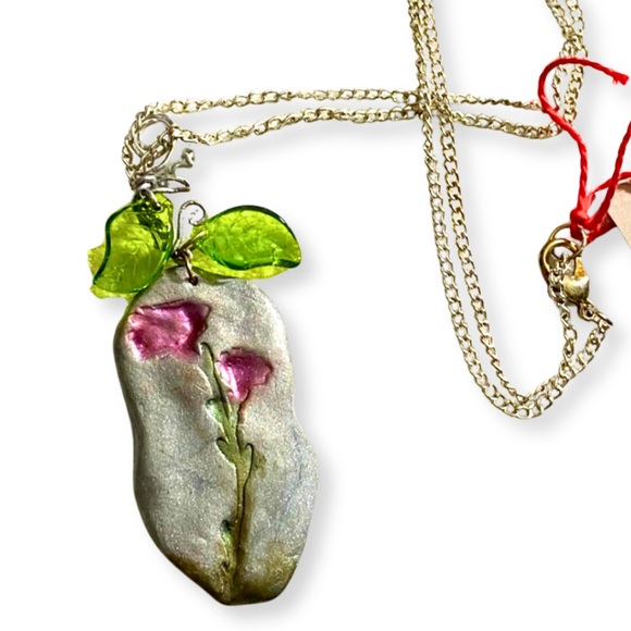 Hand Crafted Jewelry - Handcrafted Polymer Clay Grey Pendant Pink Flower Necklace on Silvertone Chain